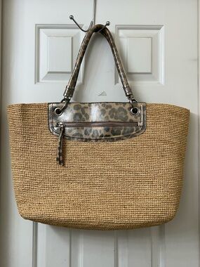 Annabel Ingall Woven Straw Tote Bag Leopard Print Leather Trim Resortwear